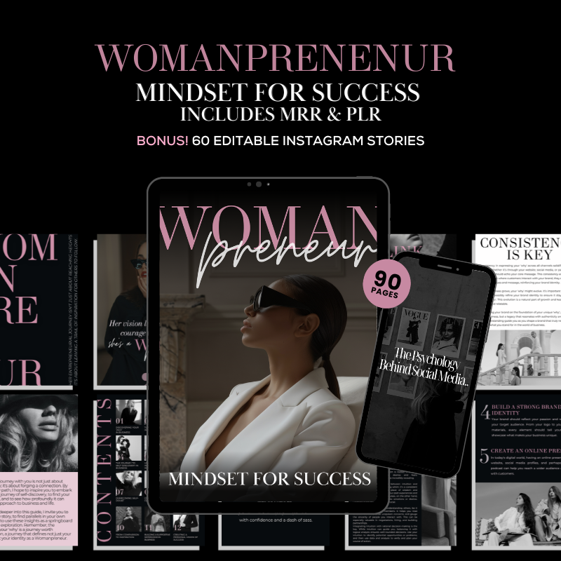 Success eBook for Womanpreneurs - Mindset Guide | Unleash Dreams. Digital product cover showing confident woman in sunglasses with tablet and phone mockups.