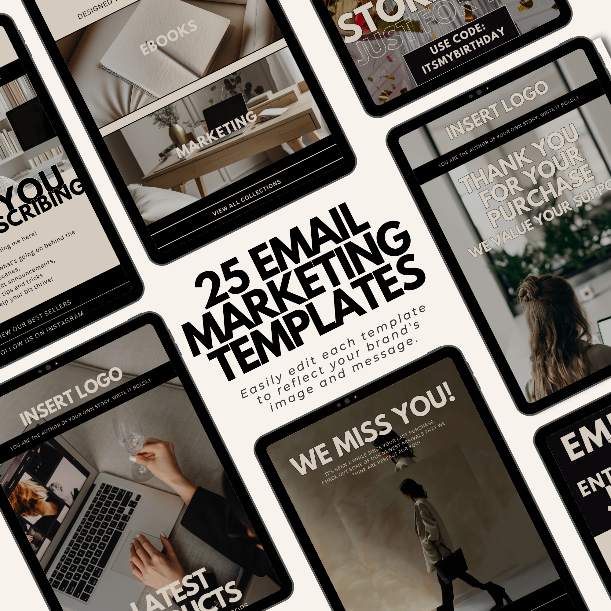 Collection of 25 faceless marketing email templates displayed on tablets, designed for easy customization and brand consistency.
