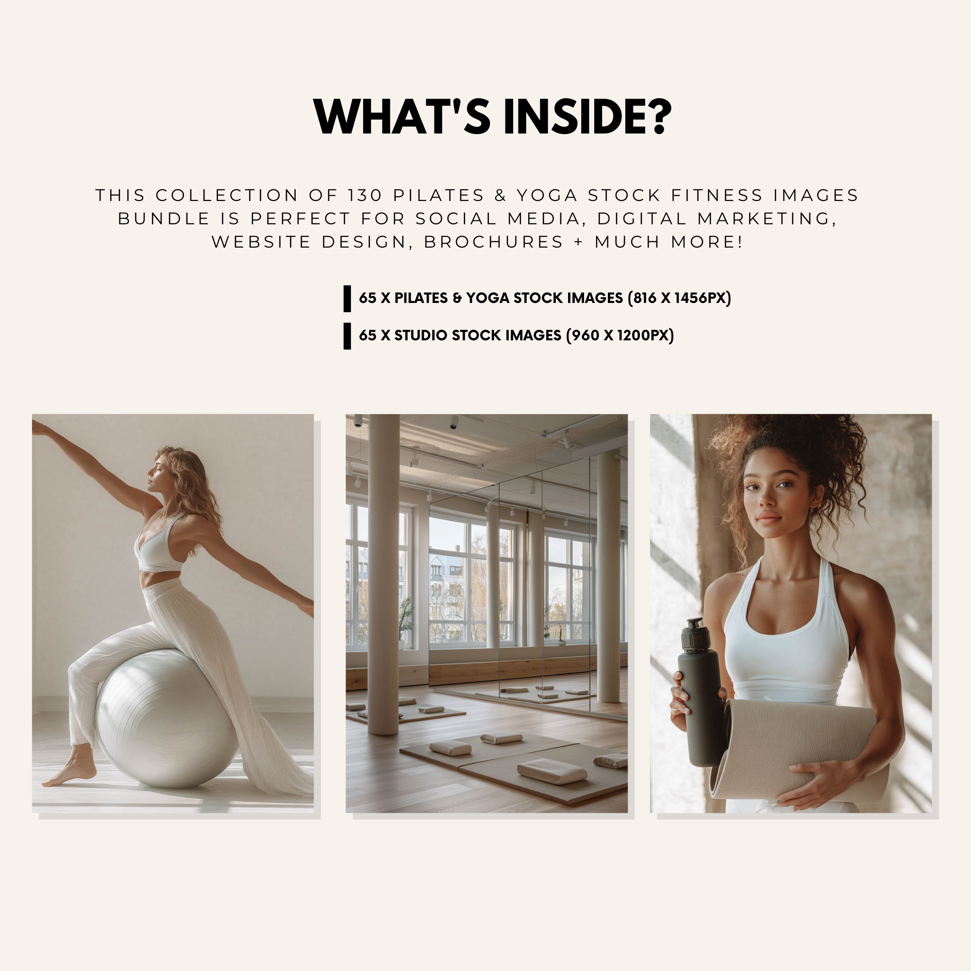 130 Pilates and Yoga stock photos for content creators, including Master Resell Rights, perfect for fitness and wellness promotions.