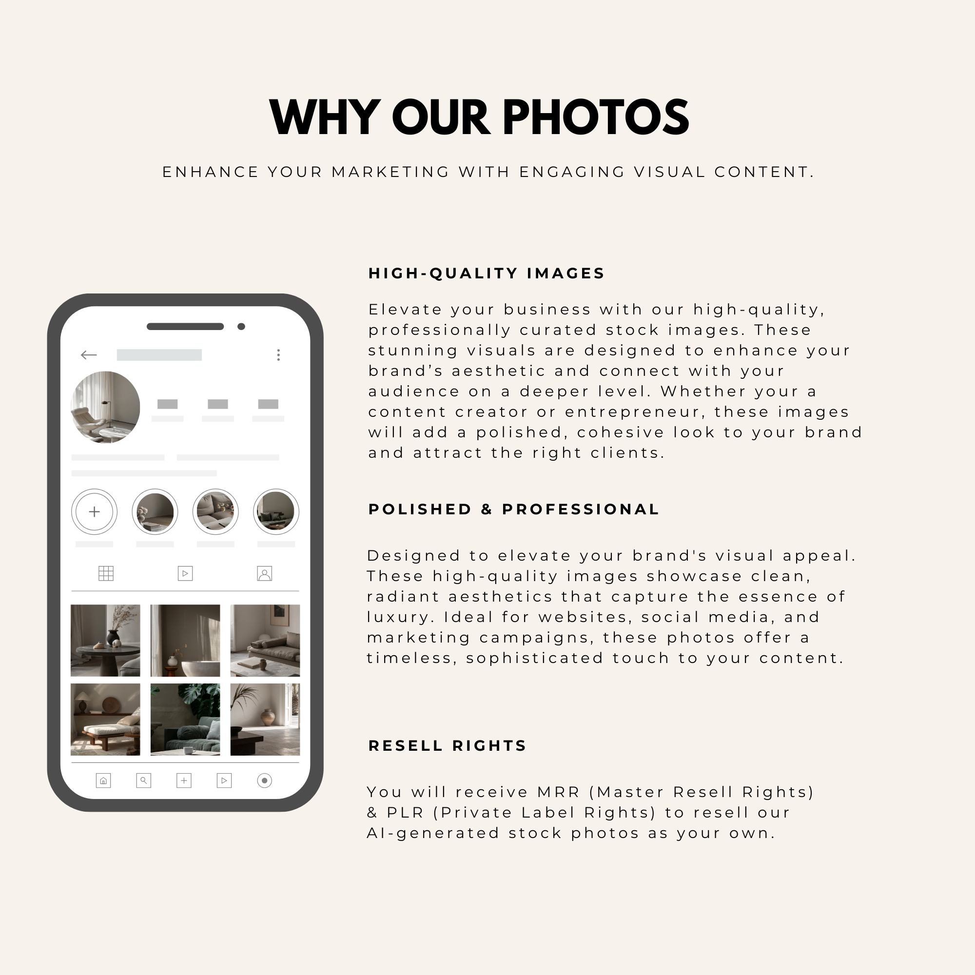 High-quality luxury stock images designed for polished and professional branding. Includes master resell rights for business and marketing use.