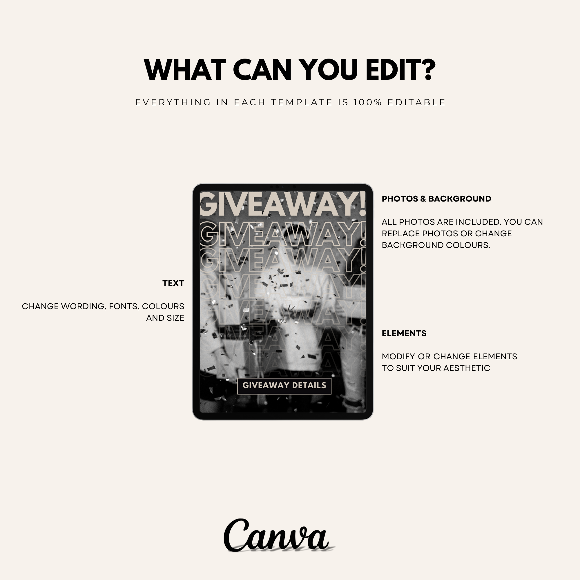 Editable faceless marketing email template in Canva, demonstrating customization options for text, photos, and elements.