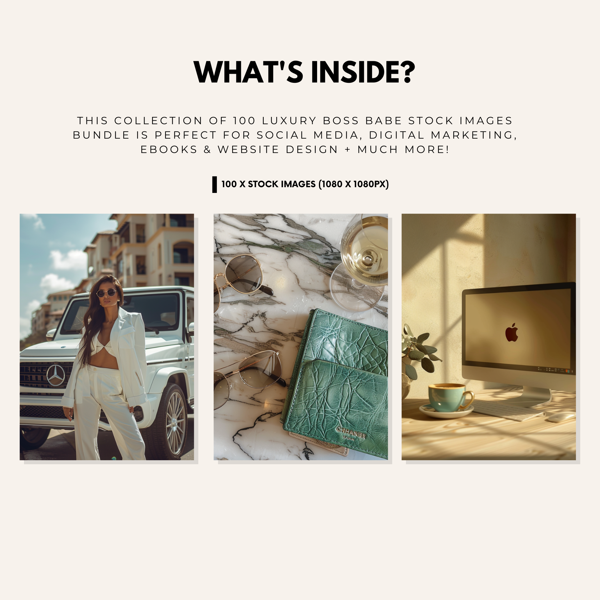 Preview of 100 high-quality luxury Boss Babe stock images for social media, marketing, and branding. Includes stylish lifestyle and business visuals.