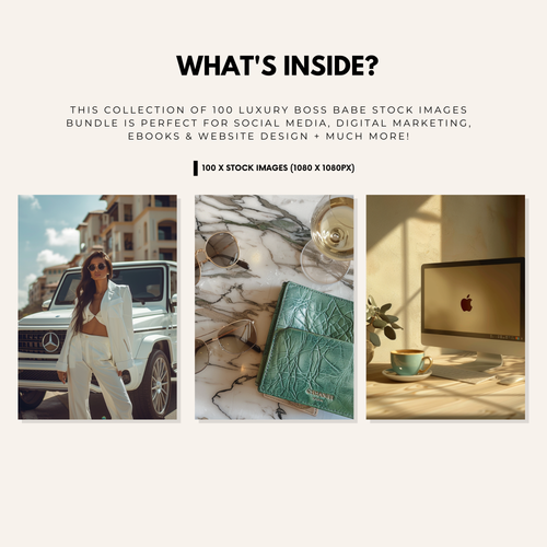Preview of 100 high-quality luxury Boss Babe stock images for social media, marketing, and branding. Includes stylish lifestyle and business visuals.