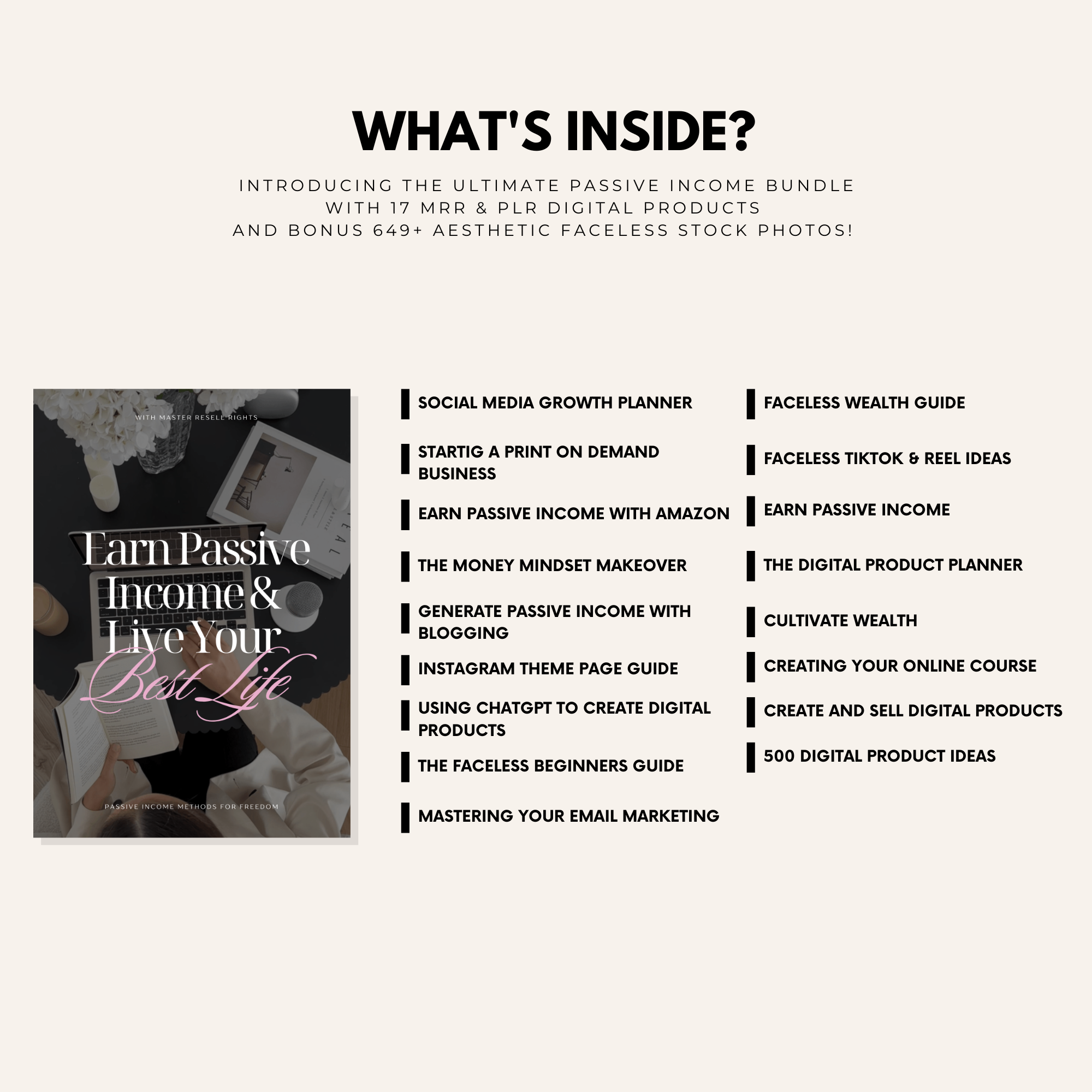 Passive income guide bundle with 17 ebooks and Master Resell Rights for resale and business growth