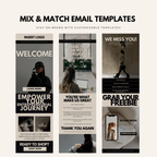 Mix & match faceless marketing email templates showcasing various designs for welcome emails, thank you messages, and promotions.