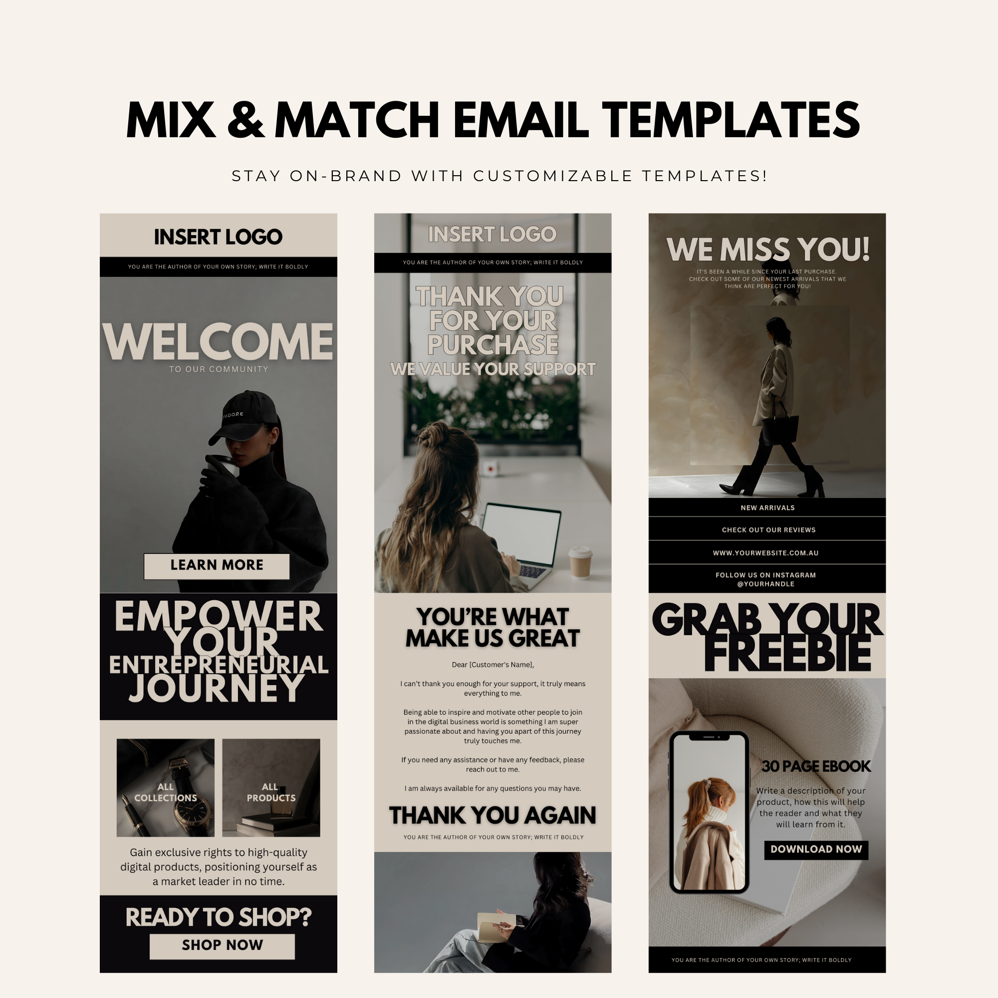 Mix & match faceless marketing email templates showcasing various designs for welcome emails, thank you messages, and promotions.