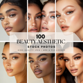 100 Beauty Stock Photos for Stunning Visuals with Master Resell Rights featuring diverse close-up portraits of women with flawless makeup and glowing skin.