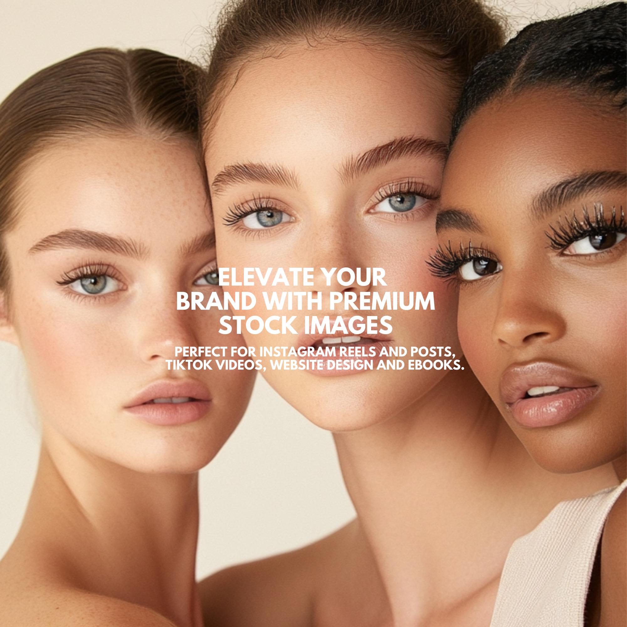 Three models featured in Beauty Stock Images for Stunning Visuals with Master Resell Rights, ideal for elevating brand visuals and digital content.