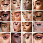 Close-up shots from 100 Beauty Stock Photos for Stunning Visuals with Master Resell Rights, emphasizing eye makeup and glowing skin textures.