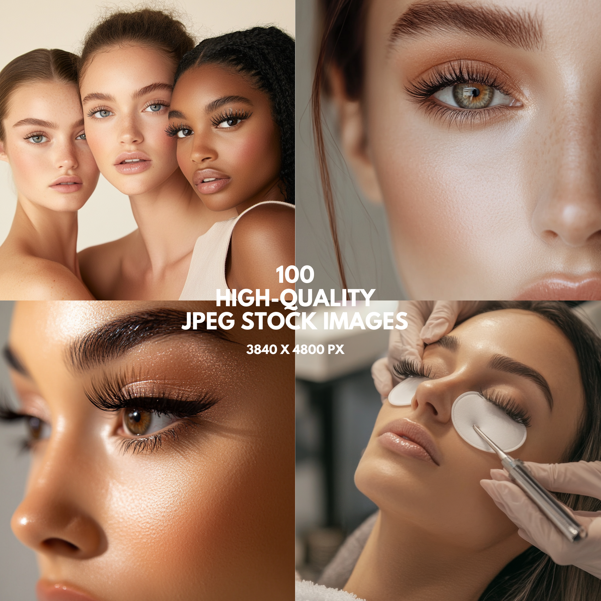 Close-up shots of eyelash extensions and beauty treatments from a collection of 100 high-quality JPEG stock images for beauty professionals.
