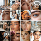 Collage of high-quality lash technician stock images showcasing eyelash extensions, beauty treatments, and salon aesthetics for professional use.