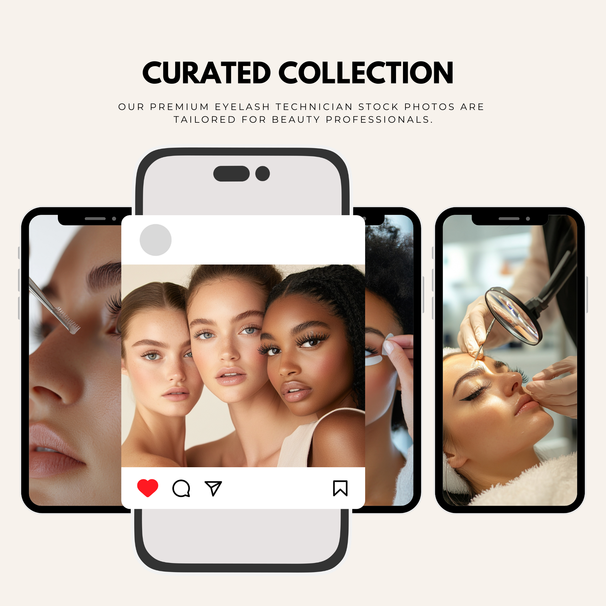 Lash technician stock images displayed on mobile screens, ideal for social media posts, beauty branding, and digital content creation.