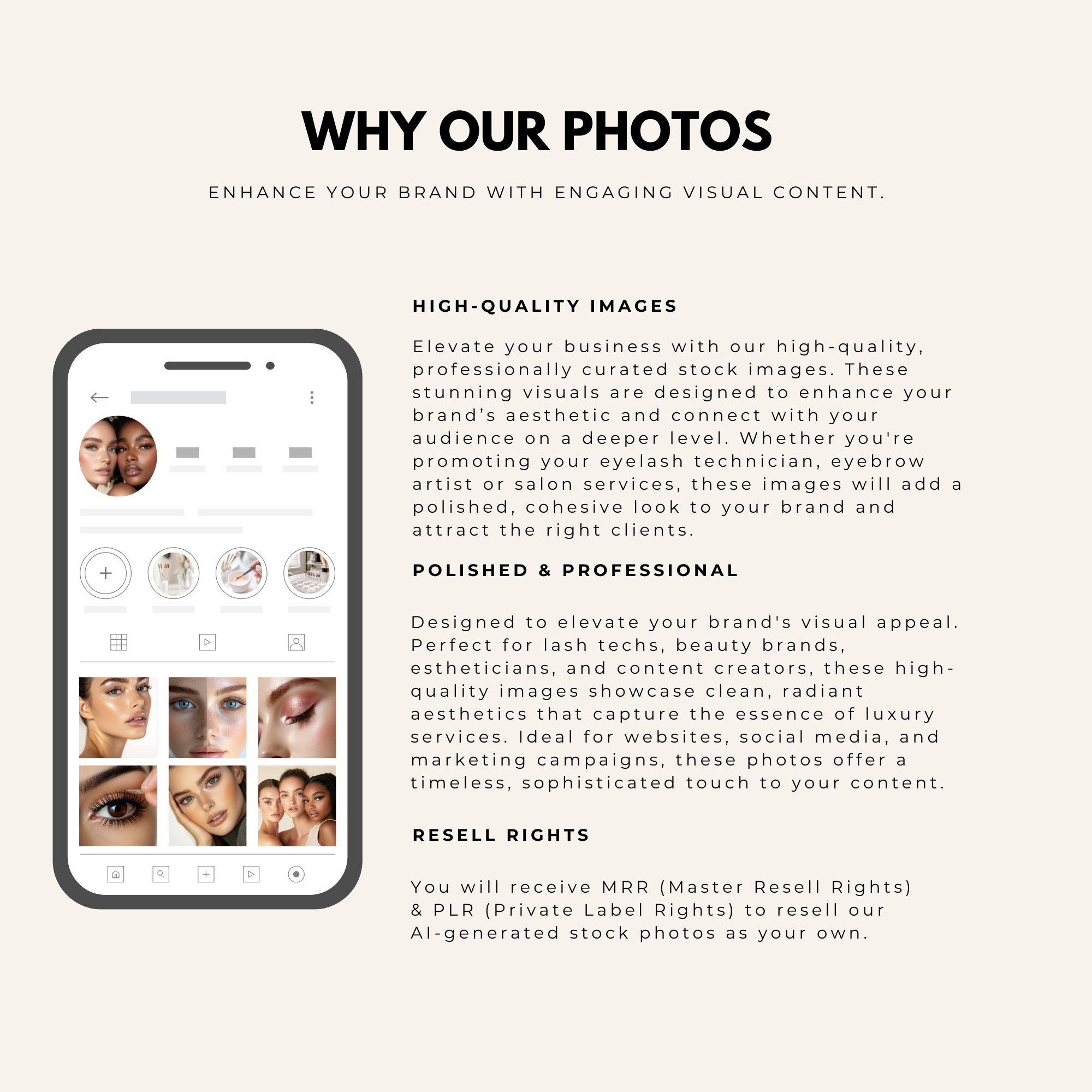 Overview of high-quality lash technician stock images with master resell rights, designed for beauty brands, salons, and digital entrepreneurs.