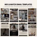 Diverse faceless marketing email templates including free course promotions, discount offers, and customer appreciation messages.