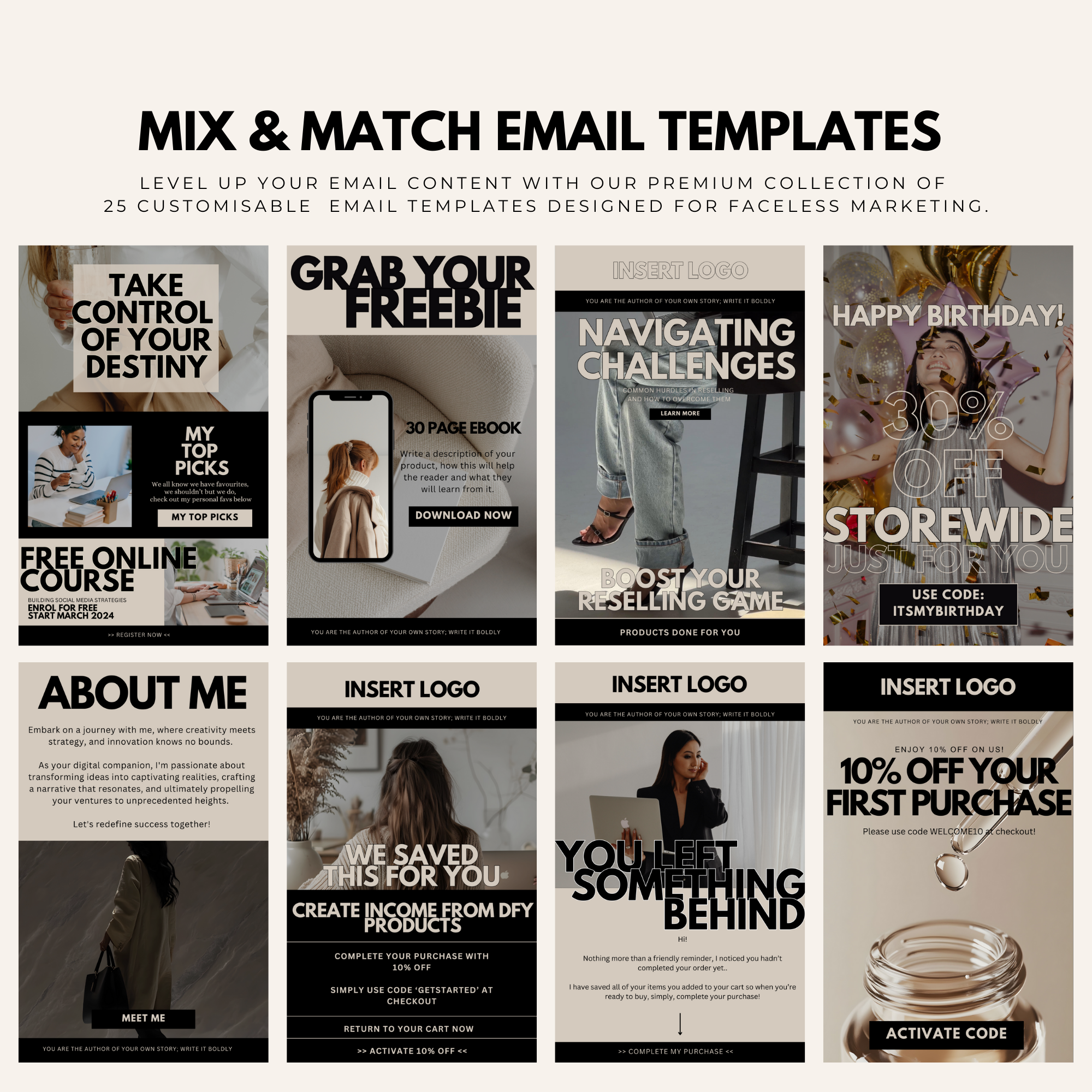 Diverse faceless marketing email templates including free course promotions, discount offers, and customer appreciation messages.