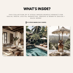 Preview of Bali Beach stock images bundle, ideal for social media, digital marketing, and website design, featuring tropical landscapes and interiors.