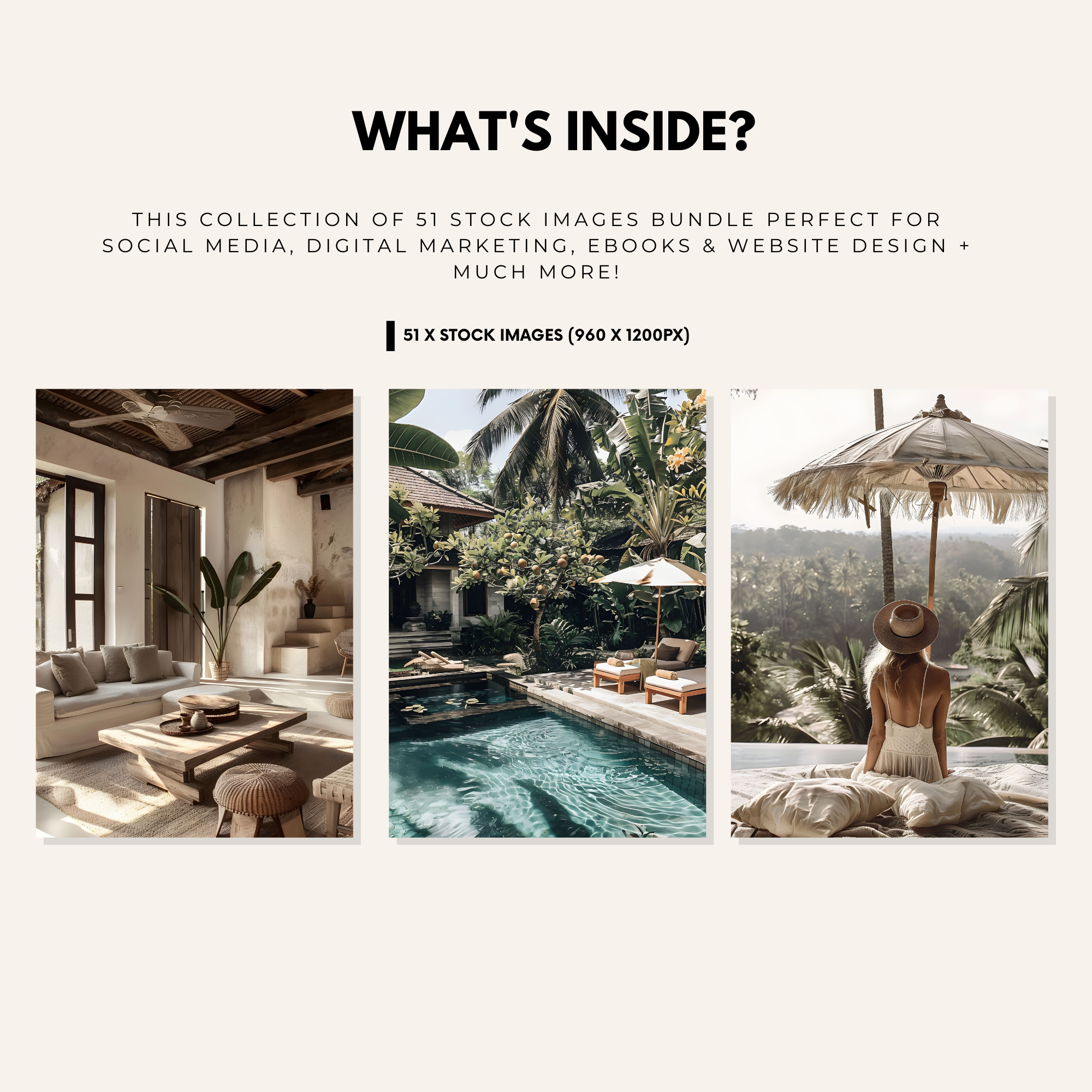 Preview of Bali Beach stock images bundle, ideal for social media, digital marketing, and website design, featuring tropical landscapes and interiors.