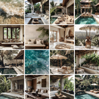 Grid preview of Bali Beach stock images showcasing tropical villas, ocean waves, and luxurious island aesthetics for digital marketing and branding.