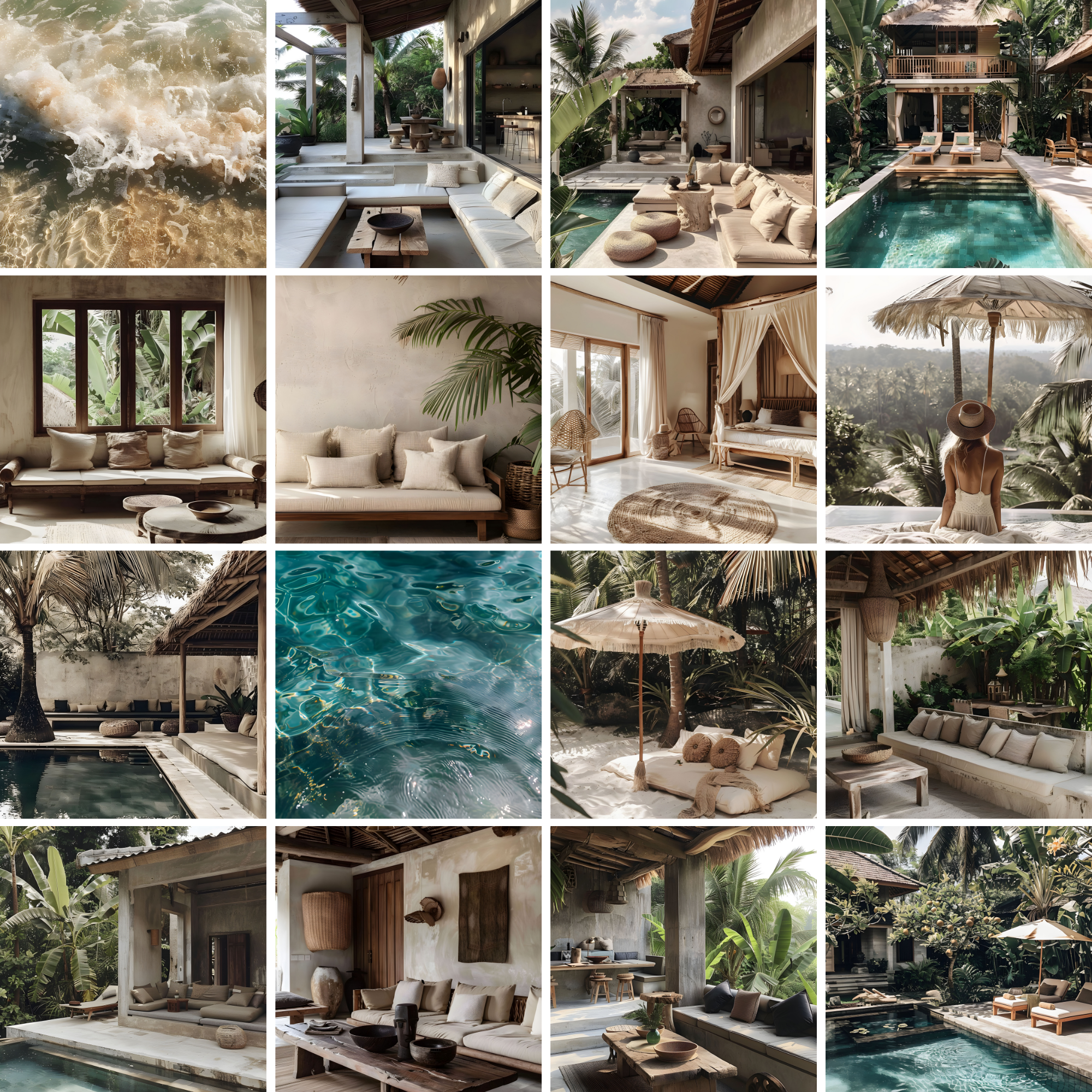 Grid preview of Bali Beach stock images showcasing tropical villas, ocean waves, and luxurious island aesthetics for digital marketing and branding.