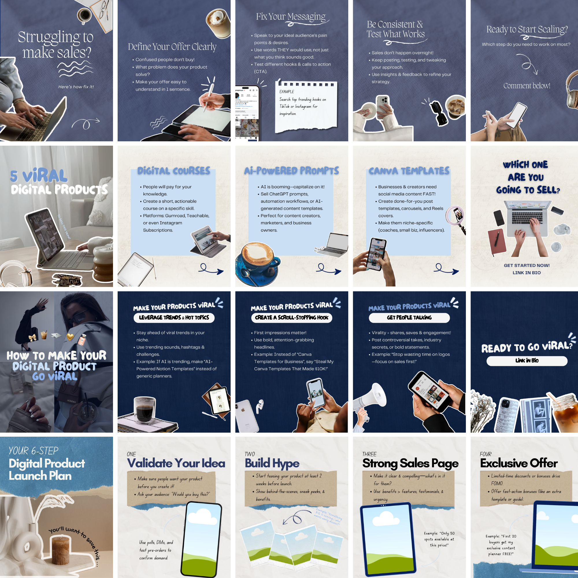 100 Blue Instagram Carousel Template Bundle - Elevate Her Studio