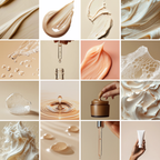 Collection of skincare cream and serum textures, drops, and packaging. Ideal for social media, website design, and beauty product promotions.