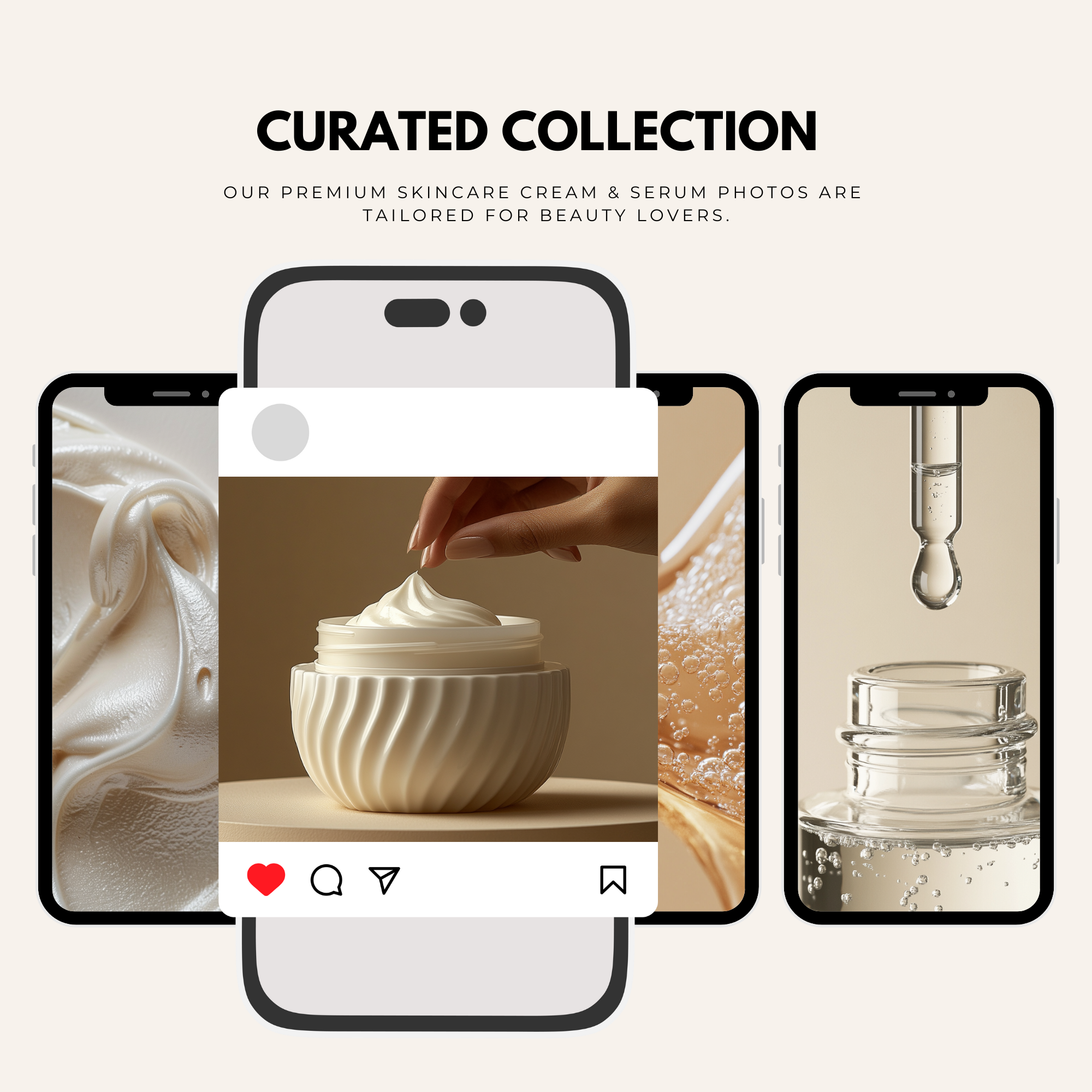 Curated skincare stock photo collection displayed on mobile screens. Designed for beauty lovers, social media content, and digital marketing.