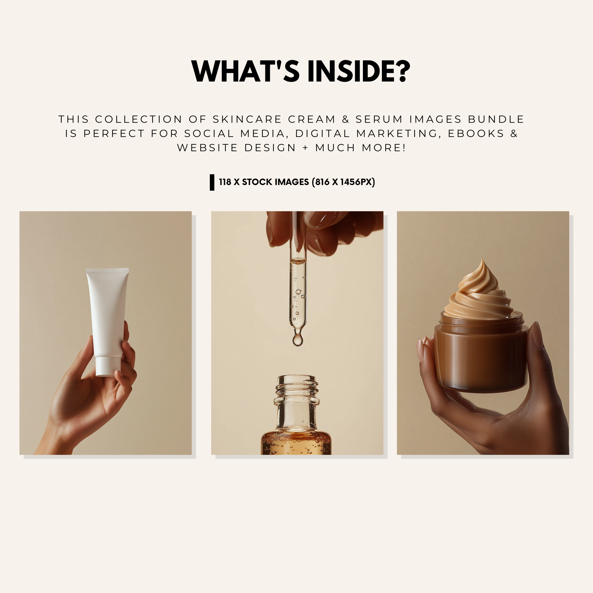 Preview of 118 high-quality skincare stock images for social media, marketing, and branding. Includes cream textures, serum drops, and product shots.
