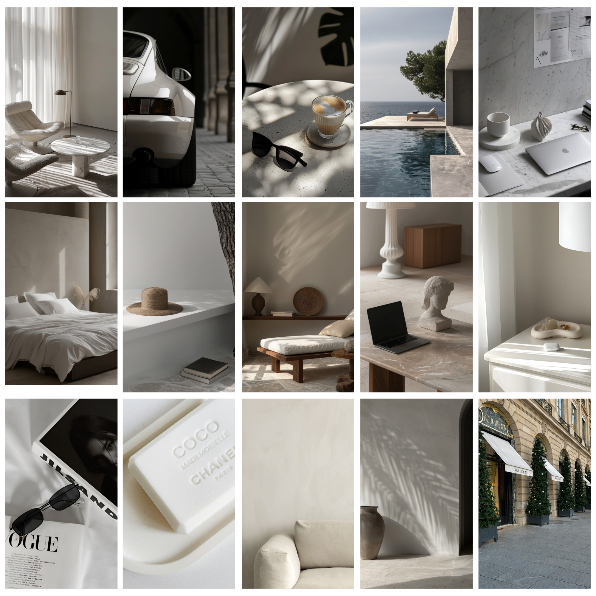 Collage of luxury interior and lifestyle stock images featuring modern decor, neutral tones, and aesthetic compositions. Ideal for branding and marketing.