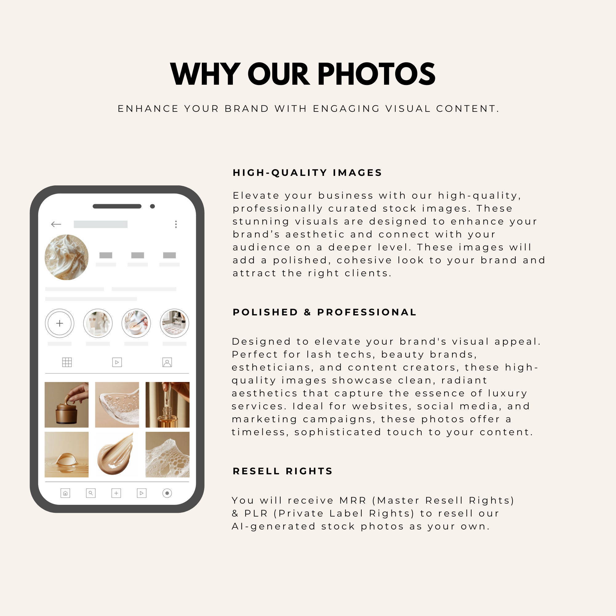 Why choose our skincare stock images? High-quality, polished visuals with master resell rights for beauty brands, estheticians, and content creators.