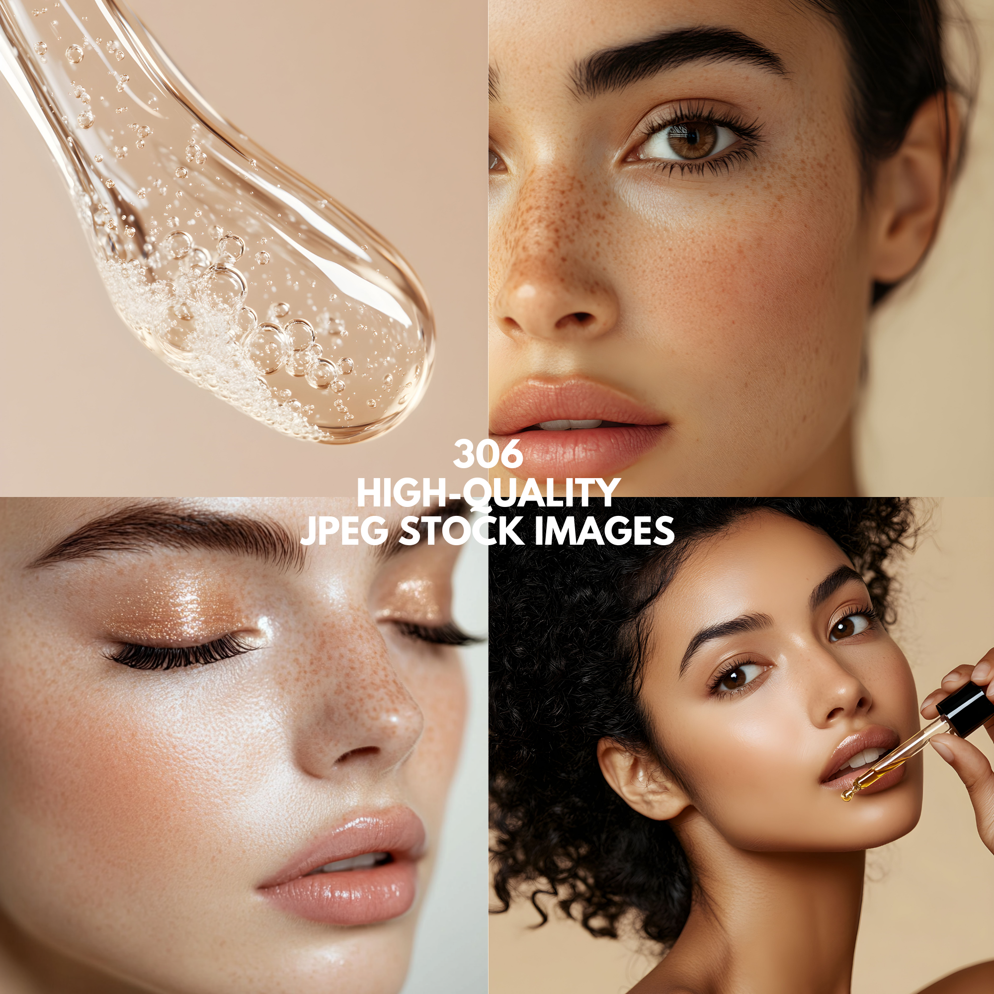 Set of 306 high-quality JPEG stock images featuring radiant skin, beauty products, and skincare textures for premium branding and content creation.