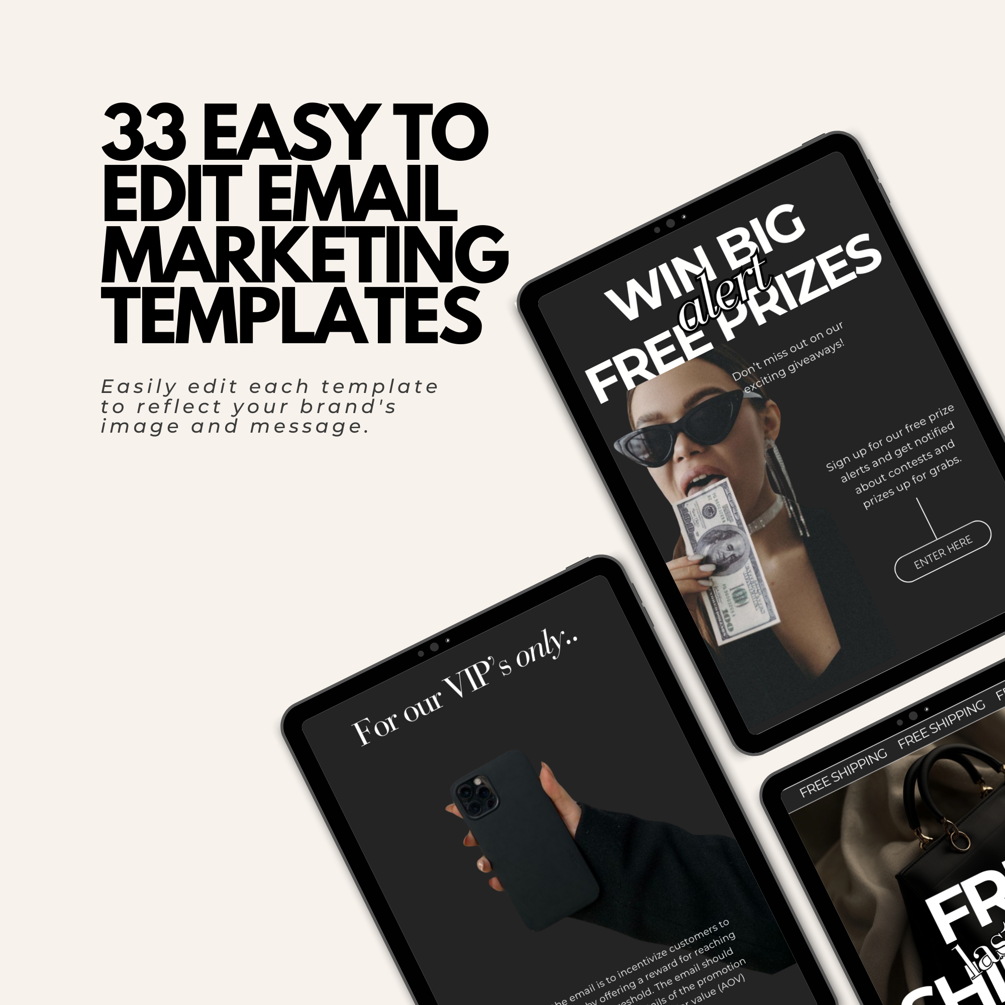 33 customizable email marketing templates for brands, ideal for entrepreneurs and small businesses. Enhance your email campaigns with stylish designs.
