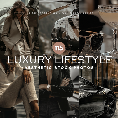 Luxury lifestyle stock photo bundle featuring fashion, helicopters, champagne, luxury cars, and accessories. Includes 115 aesthetic images perfect for branding, social media, and digital marketing. High-resolution with MRR and PLR license.