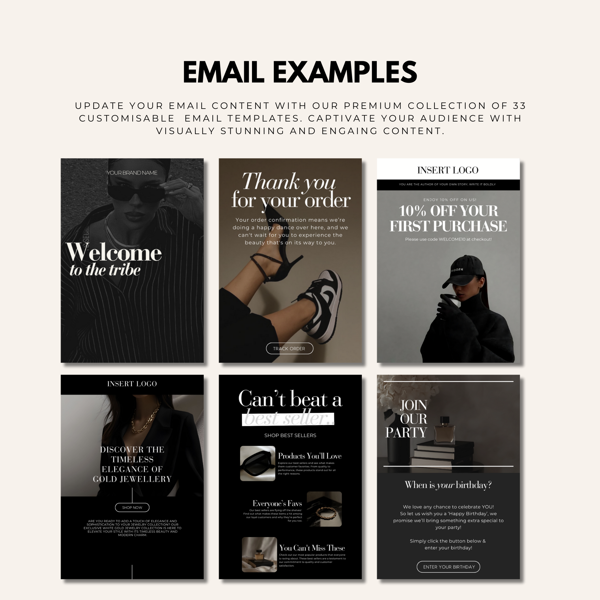 Collection of six premium email templates for businesses. Enhance your brand’s email marketing with sleek and modern designs.