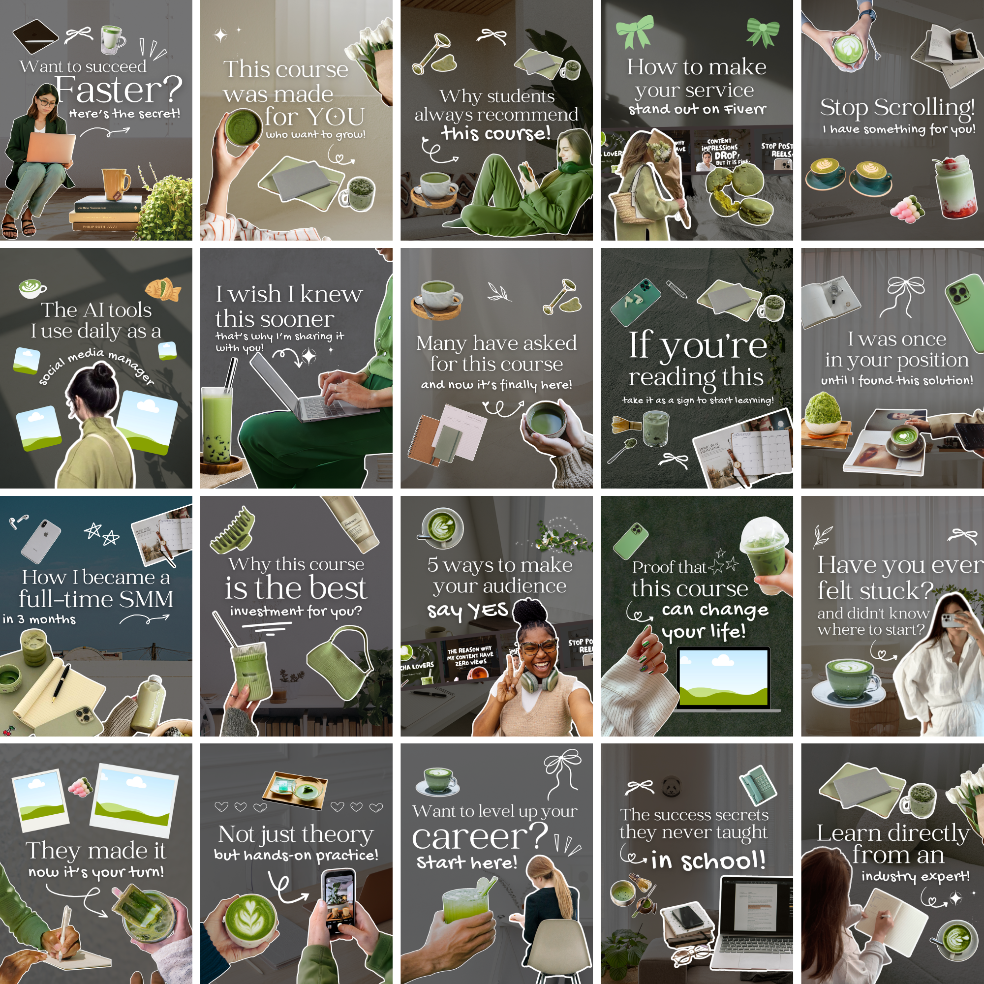 200 Matcha Green Instagram Template Bundle - Elevate Her Studio