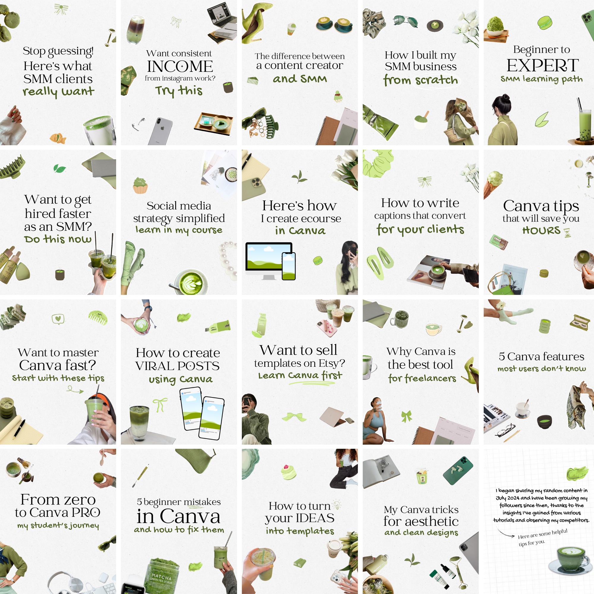 200 Matcha Green Instagram Template Bundle - Elevate Her Studio