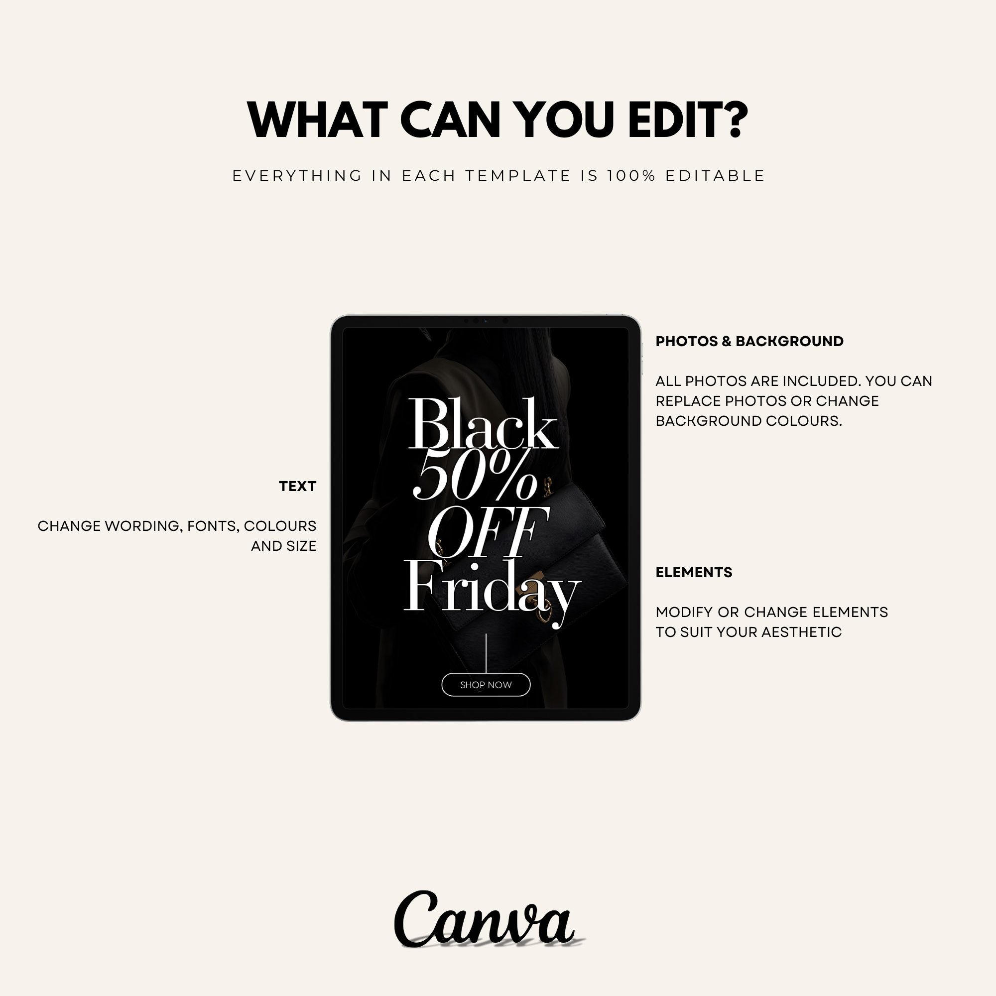 Editable Canva email template showcasing a Black Friday sale design. Modify text, colors, and elements to fit your brand’s aesthetic.