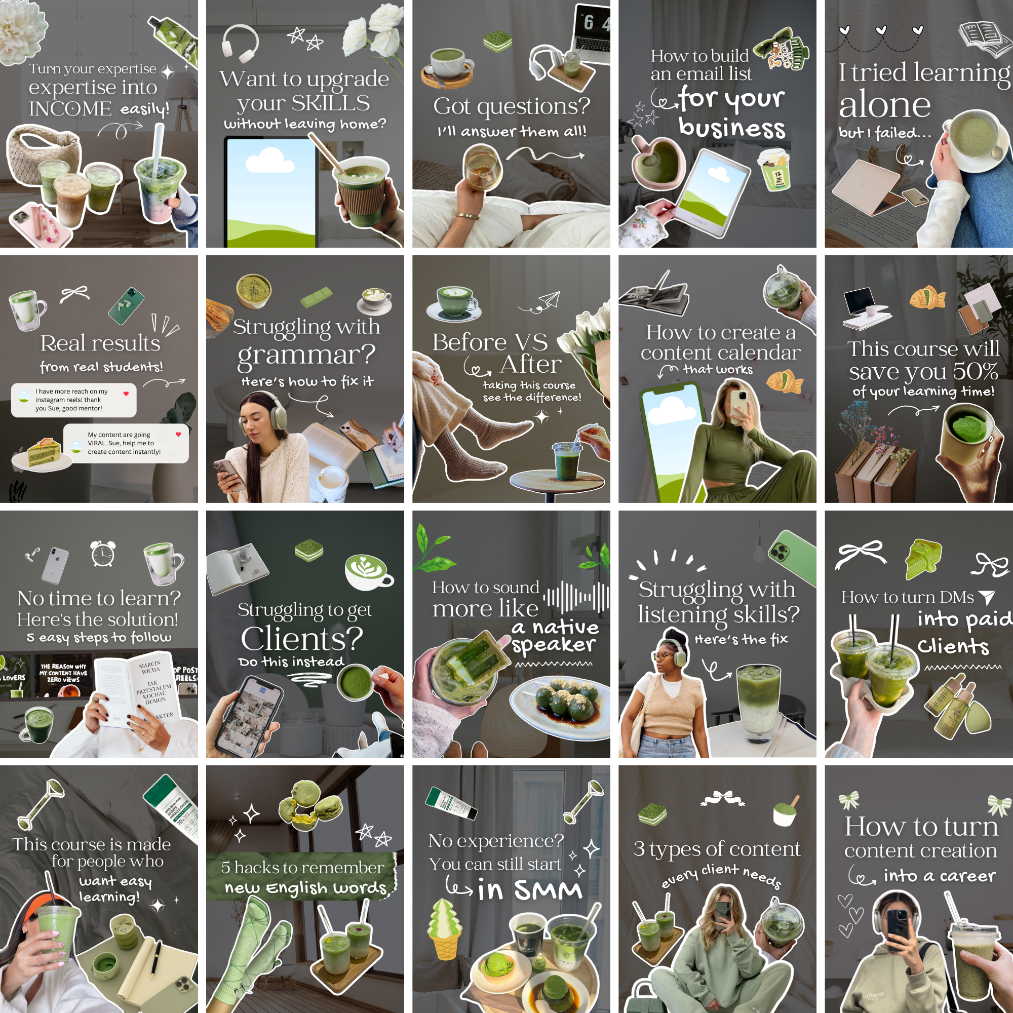 200 Matcha Green Instagram Template Bundle - Elevate Her Studio