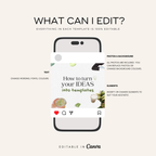 Phone screen displaying an editable template with text and icons, featuring Canva branding.