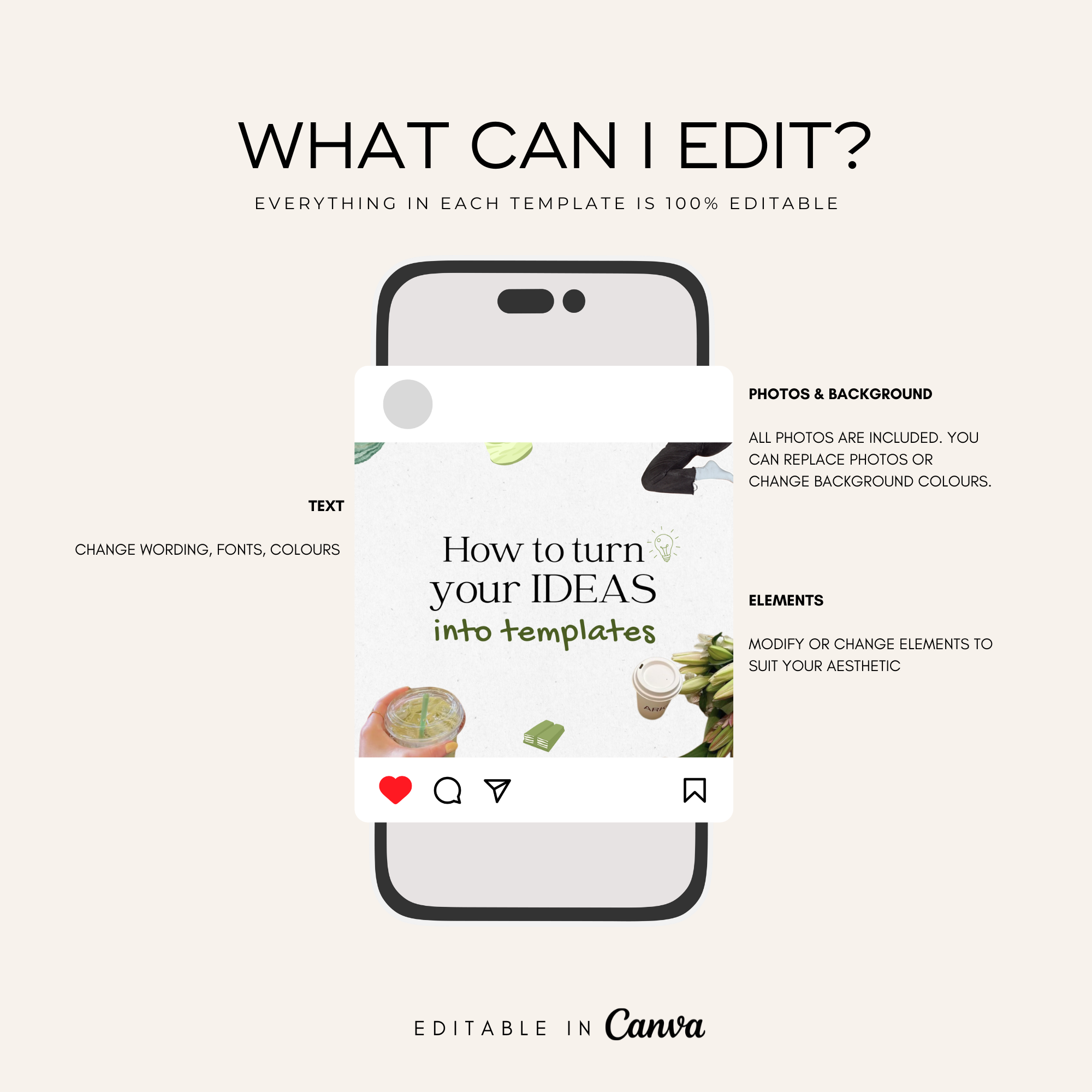 Phone screen displaying an editable template with text and icons, featuring Canva branding.