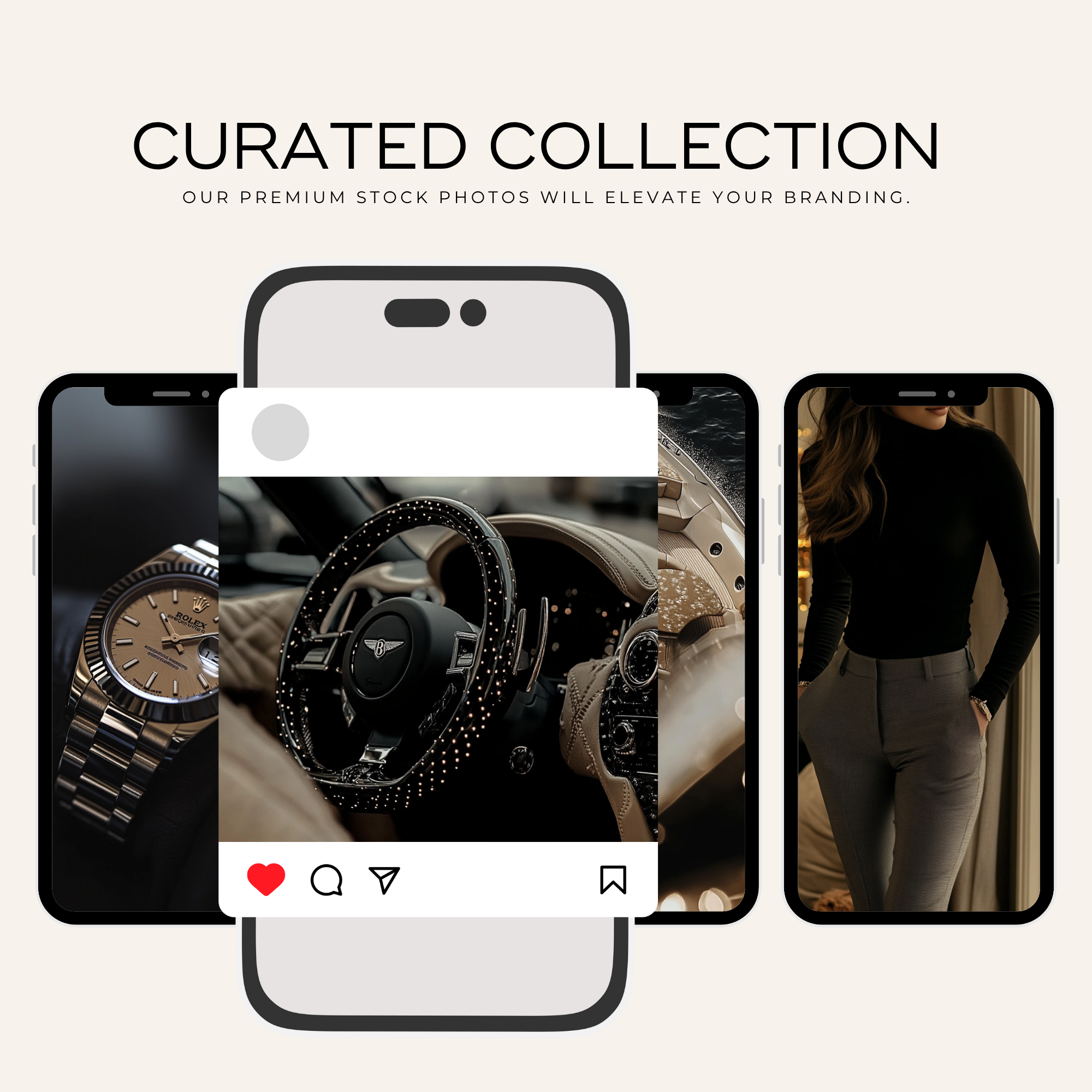 Curated collection of high-end stock photos displayed in smartphone mockups, including Rolex watches, luxury steering wheel, and fashion portraits. Ideal for social media or branding kits.