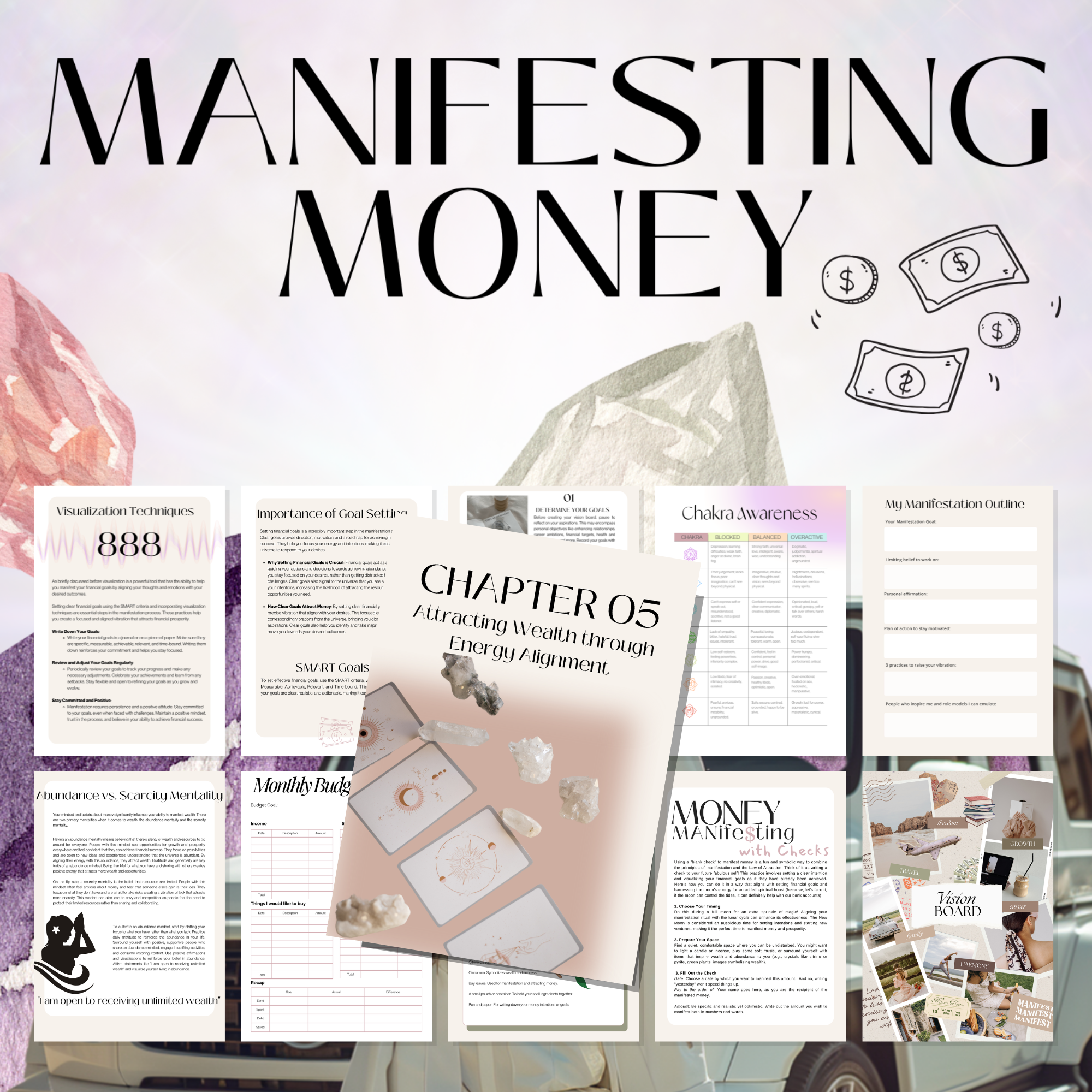 55-page money manifesting guide: Tips for abundance mindset, vision boards, and financial growth.