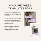 Promotional graphic for templates targeting content creators, social media managers, and marketing professionals.