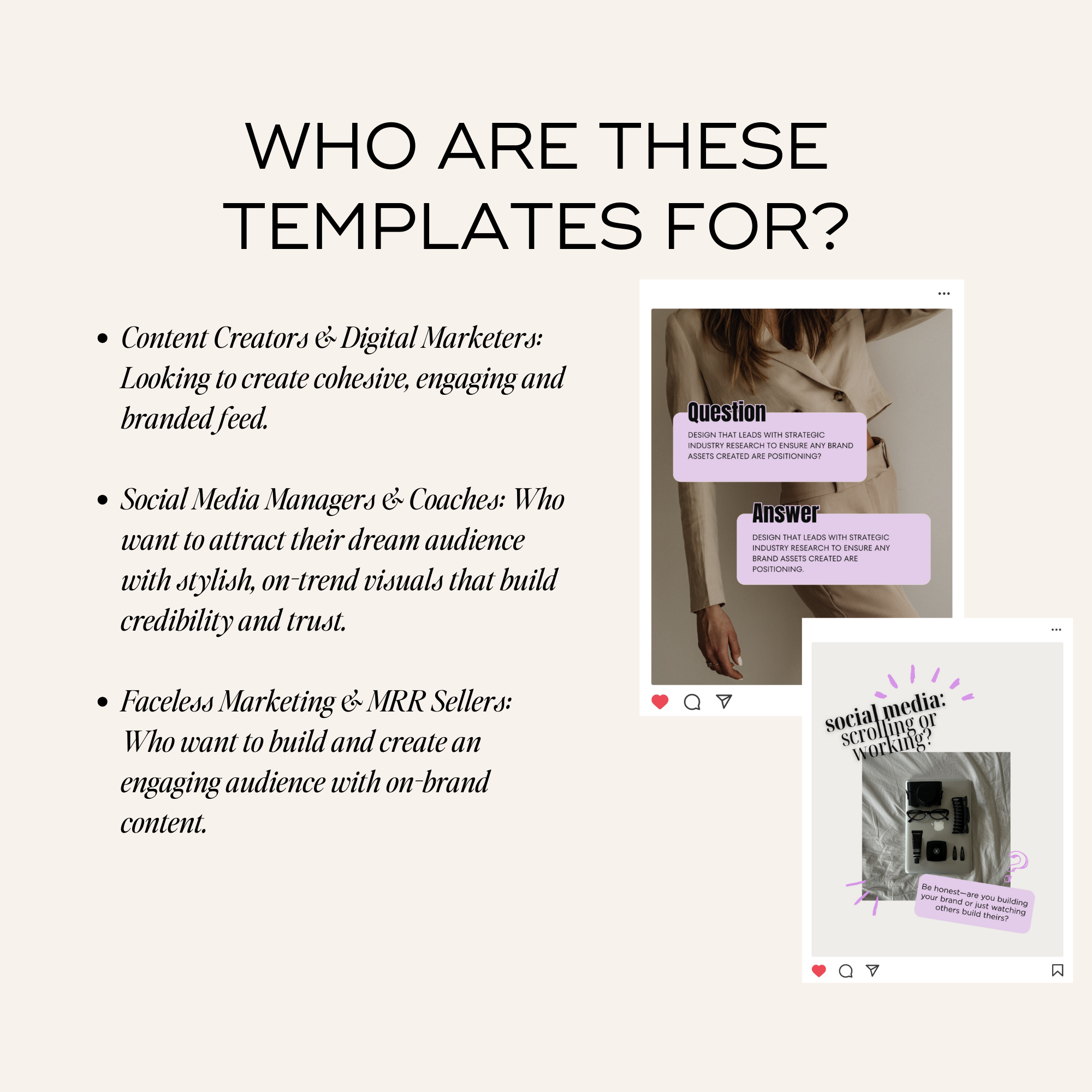 Promotional graphic for templates targeting content creators, social media managers, and marketing professionals.