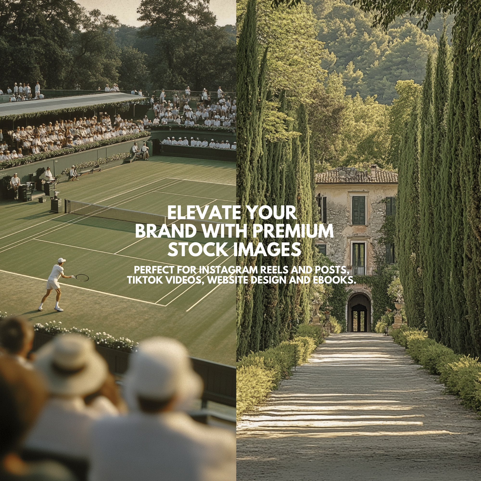 Old Money Aesthetic Images Collection showcasing a tennis match and a Tuscan villa path. Perfect for Instagram, TikTok, and website visuals.