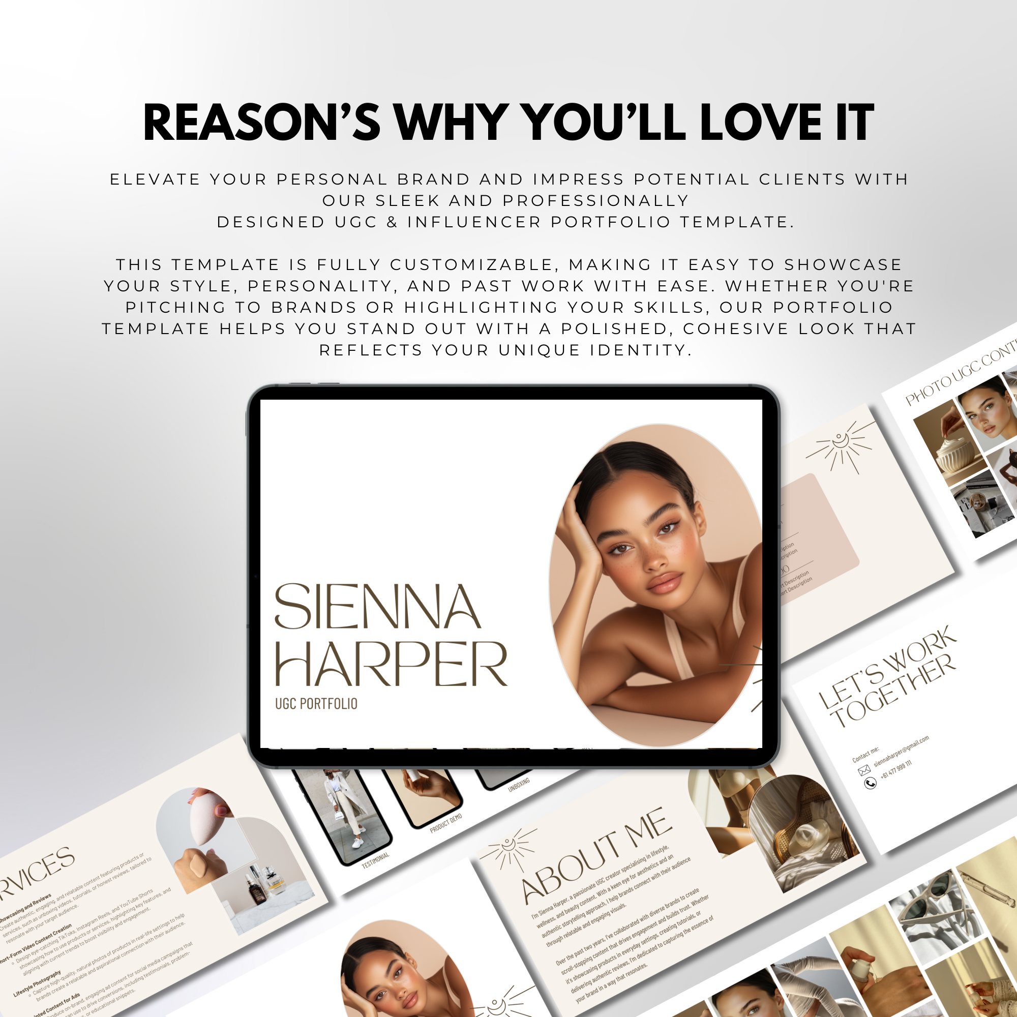 UGC Portfolio Template: 9 customisable, Canva-editable pages featuring an about section, work samples, services, and 6 unique pricing layouts for a professional presentation.