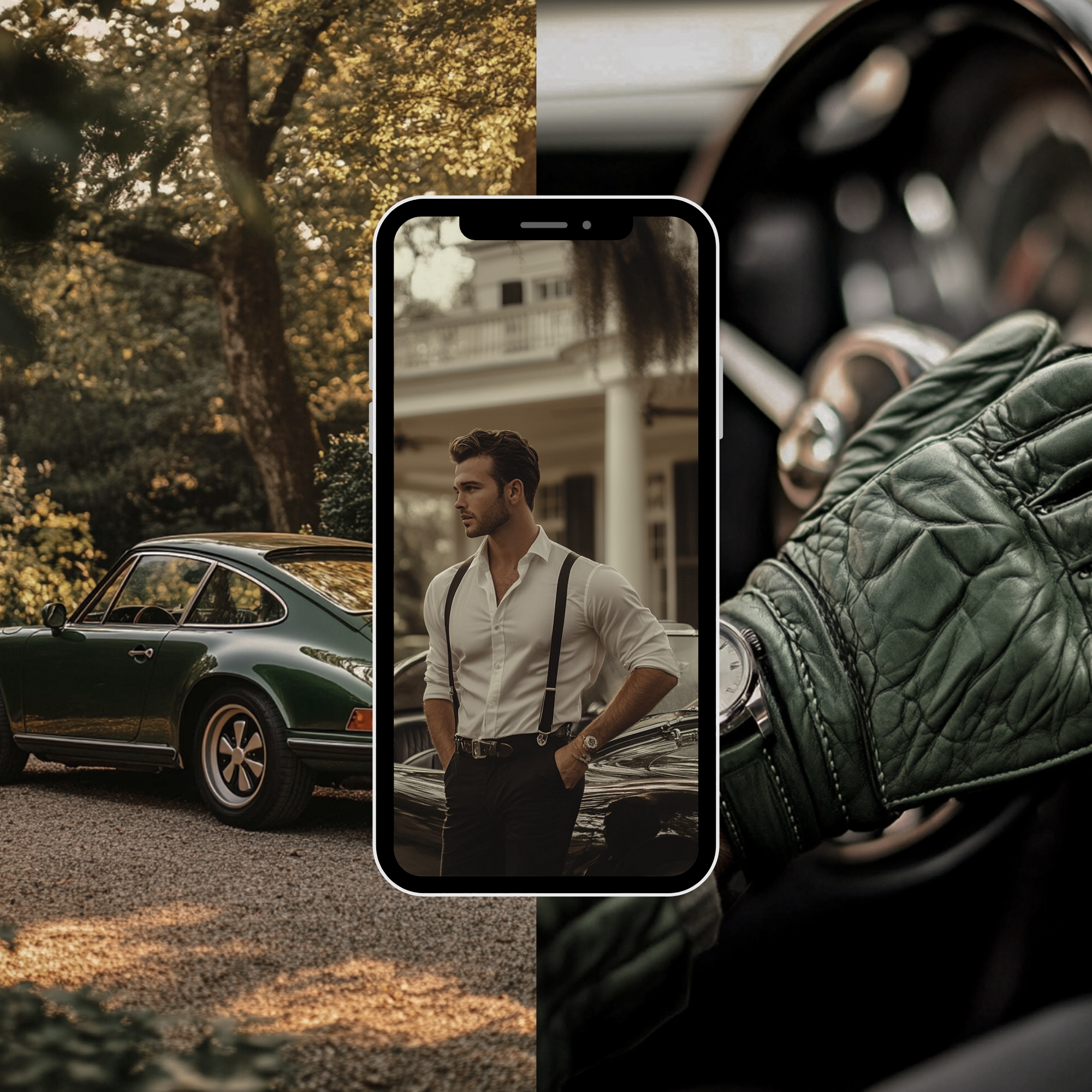 Old Money Aesthetic stock photo of a man in suspenders beside a vintage green car, with leather driving gloves. Great for luxury branding content.