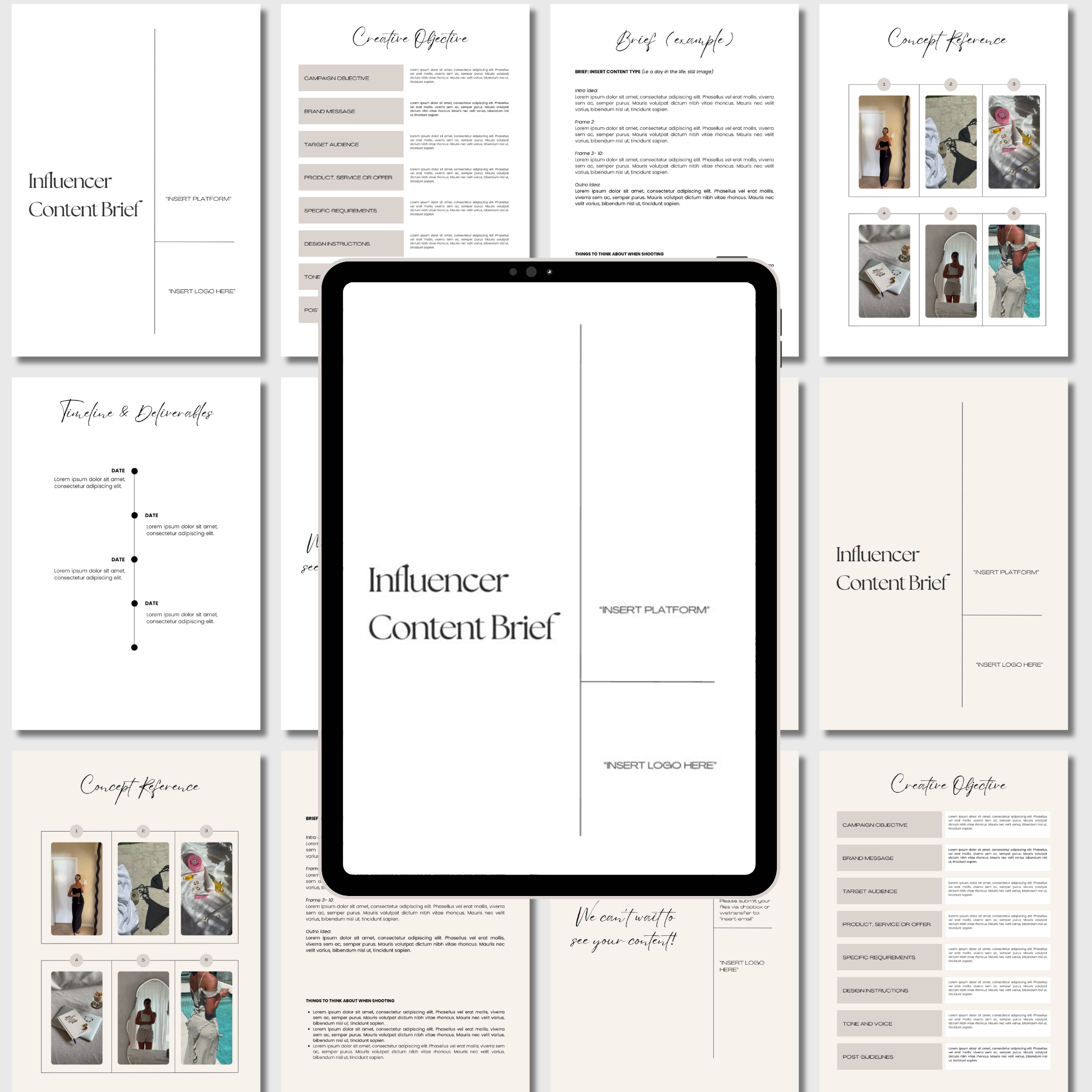 UGC Content Brief Template for Influencers & Brands displayed on a tablet surrounded by customizable pages, including concept ideas, creative objectives, and platform guidelines.