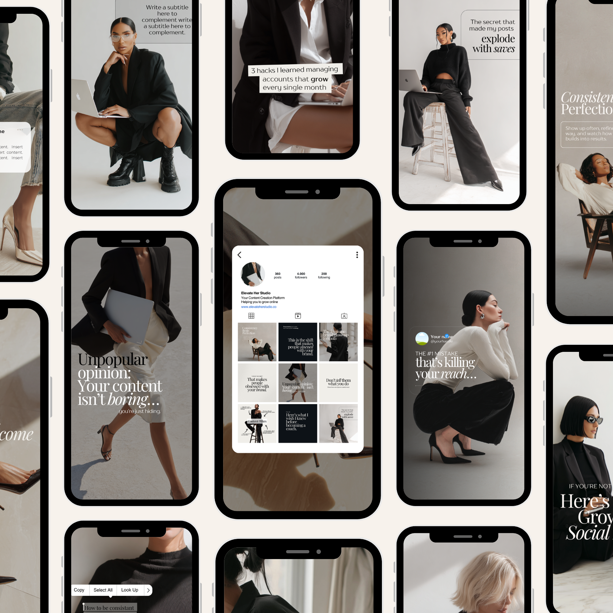 Luxury Noir Instagram Template Bundle - Elevate Her Studio