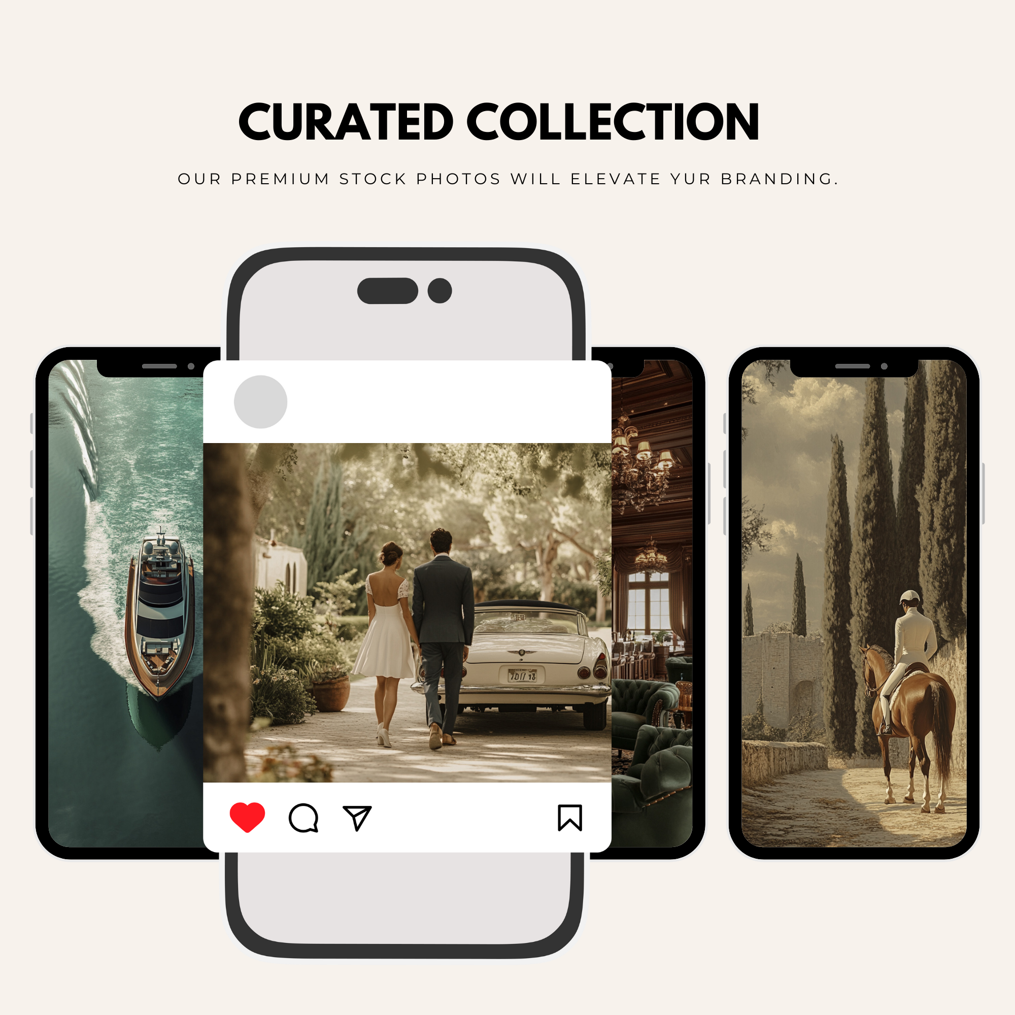 Curated Collection of Old Money Aesthetic Images displayed on smartphones, featuring luxury scenes for premium branding and social media content.