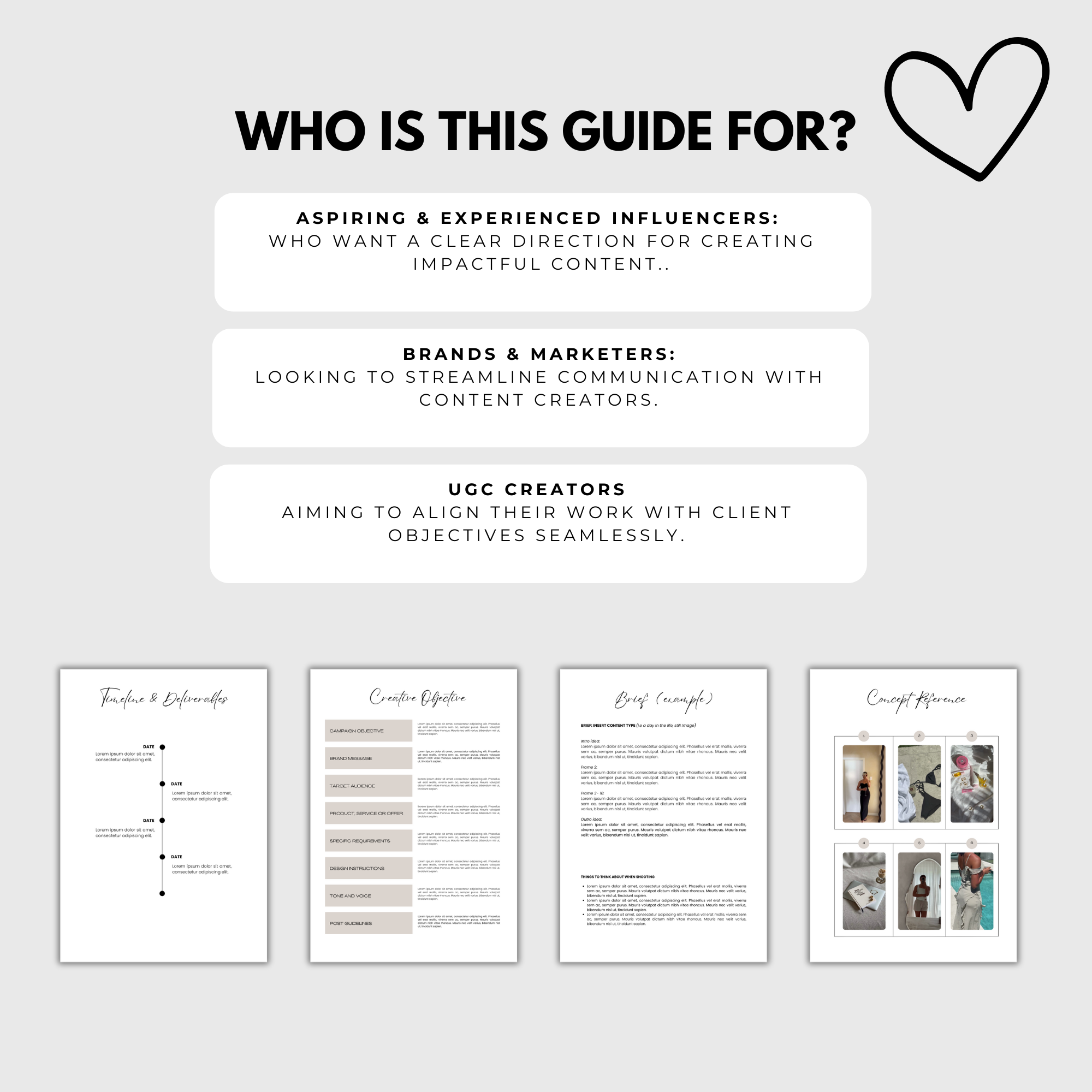 UGC Content Brief Template for Influencers & Brands, showcasing sections for aspiring influencers, brands, and UGC creators with example pages.